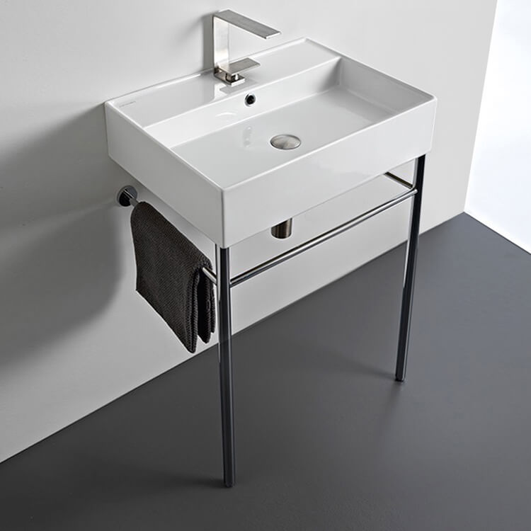 Console Bathroom Sink, Scarabeo 8031/R-60-CON, Rectangular Ceramic Console Sink and Polished Chrome Stand